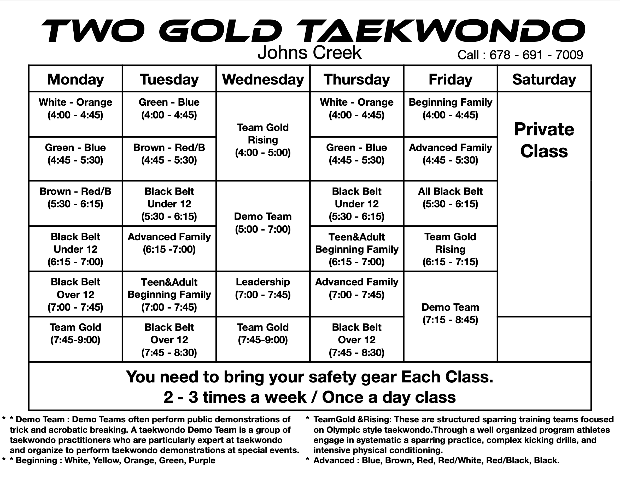 Johns Creek Class Schedule